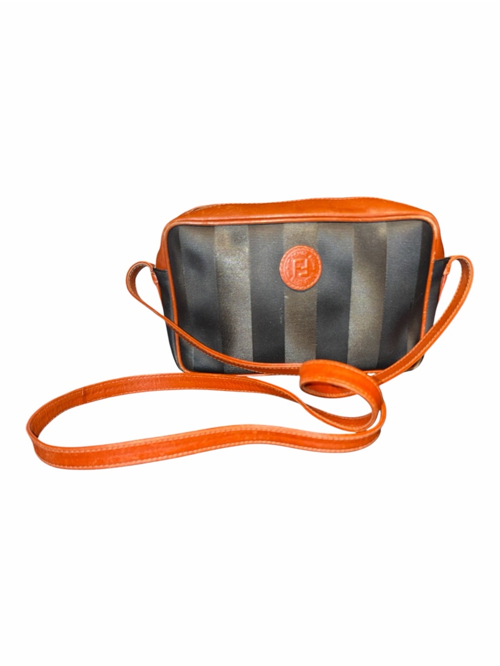 Authentic Vintage Fendi Pequin Stripe Camera Crossbody Bag Cognac Leather Trim